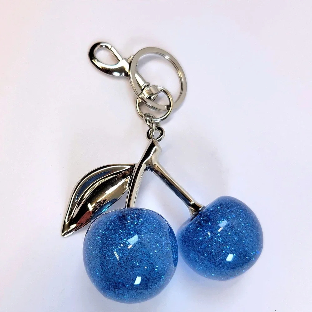 Bag Charm Keychain Glitter Resin Double Cherry Blue Women Retro Whimsical